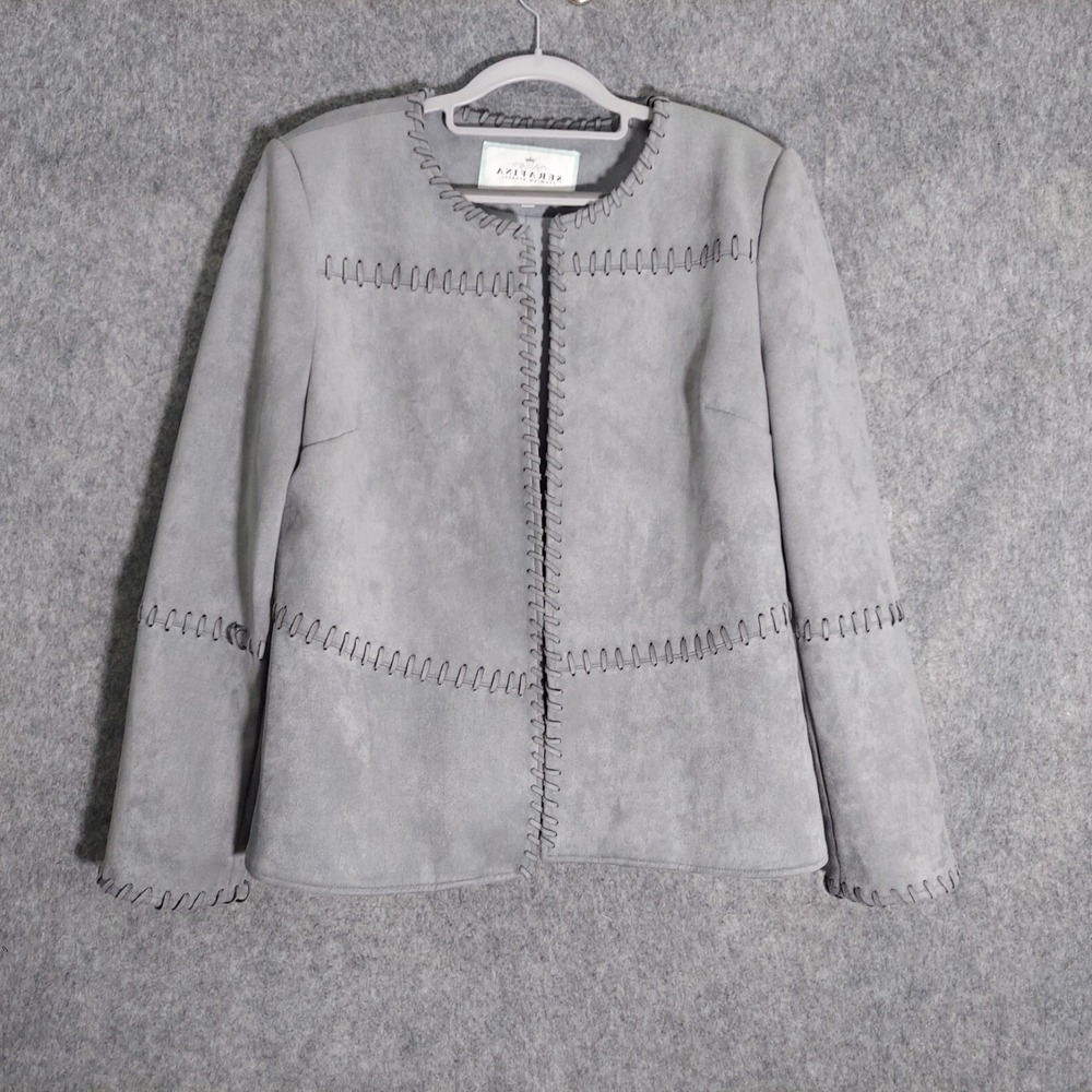 Vintage Serafina Jacket 14 Gray Faux Suede Stitch Patch Collarless Western Boho